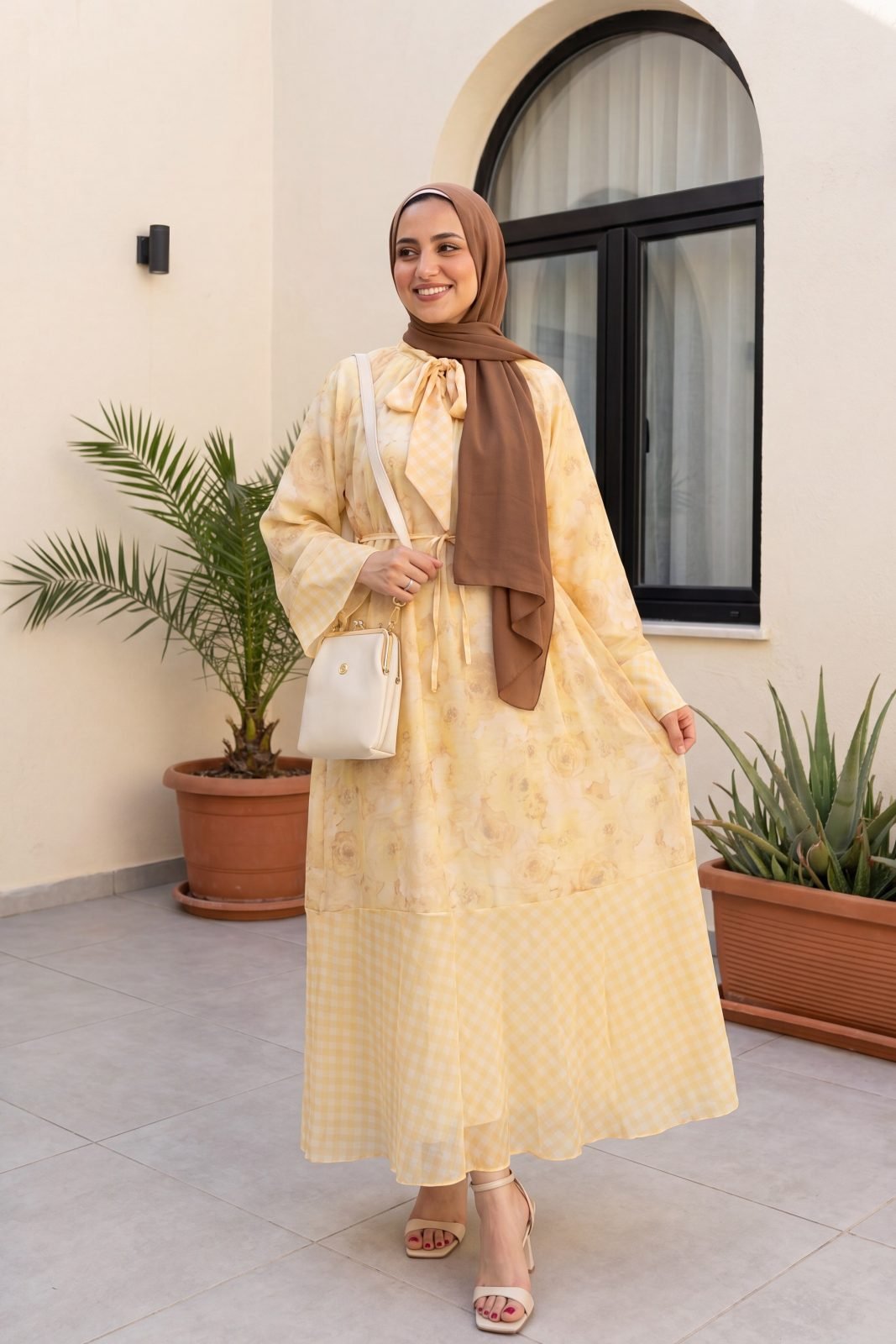 Patterned Quilted Chiffon Dress with Tie Neck and Waist