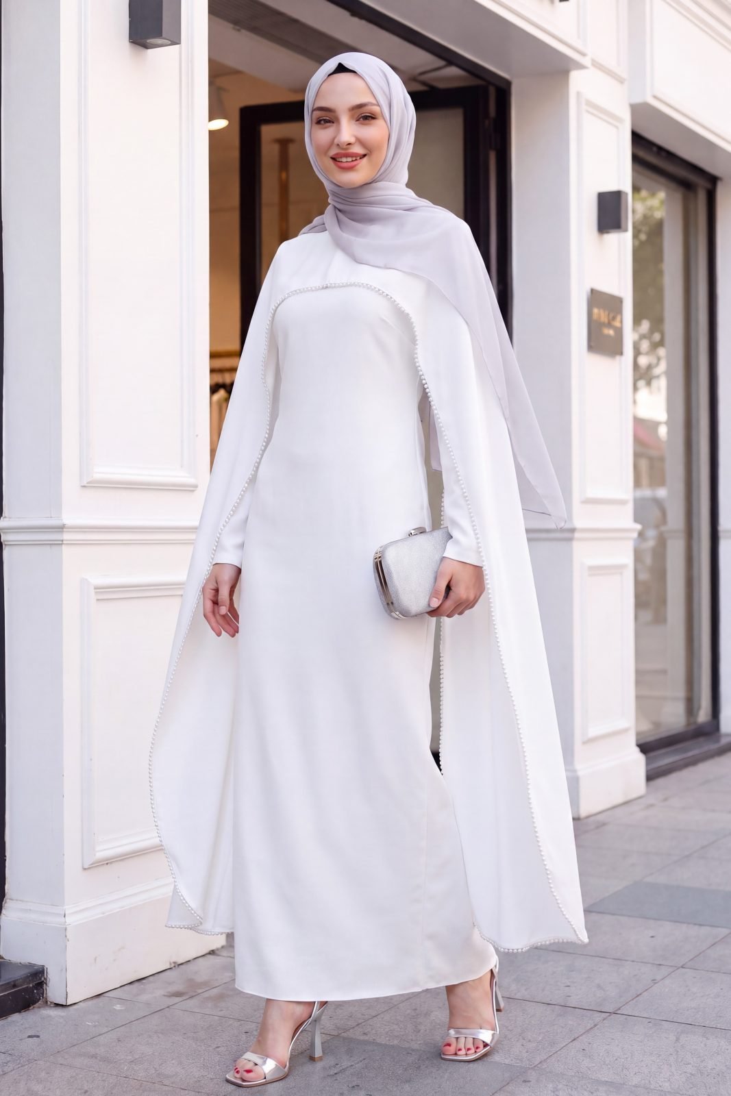 A crepe abaya dress decorated with pearls, with a detachable abaya, Spanish sleeves, and a lining.