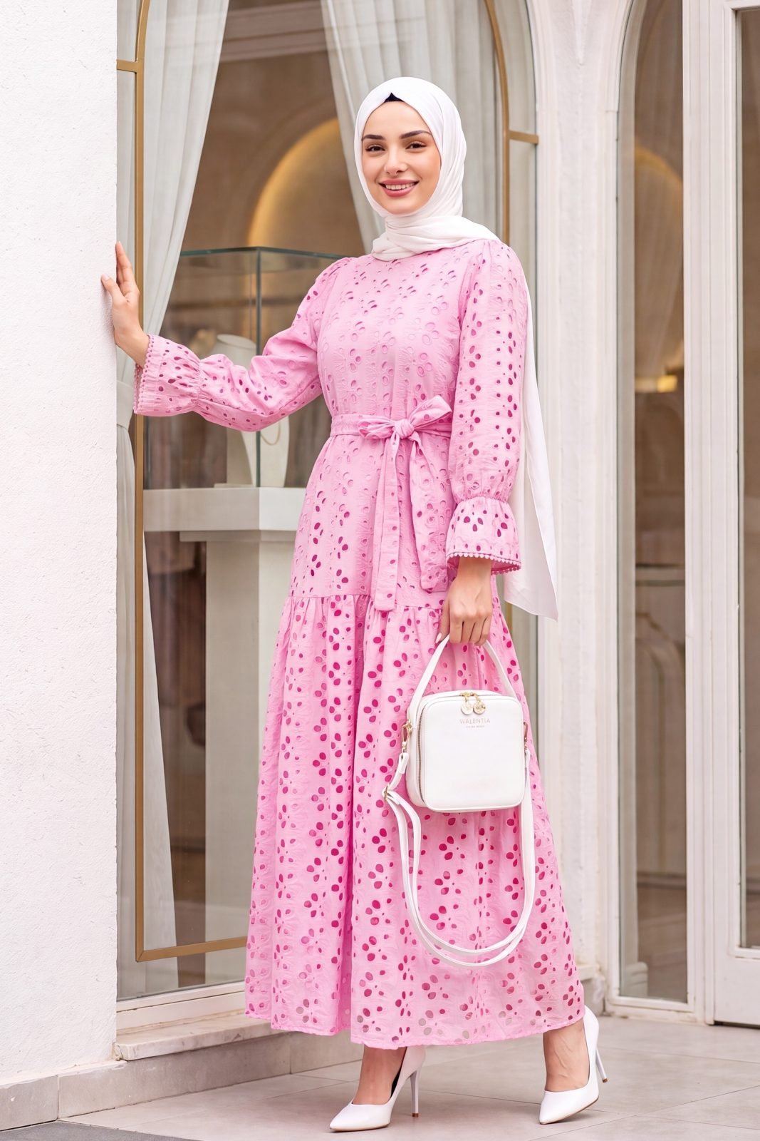 Padded linen dress, half-button, elasticated waist with drawstring detail