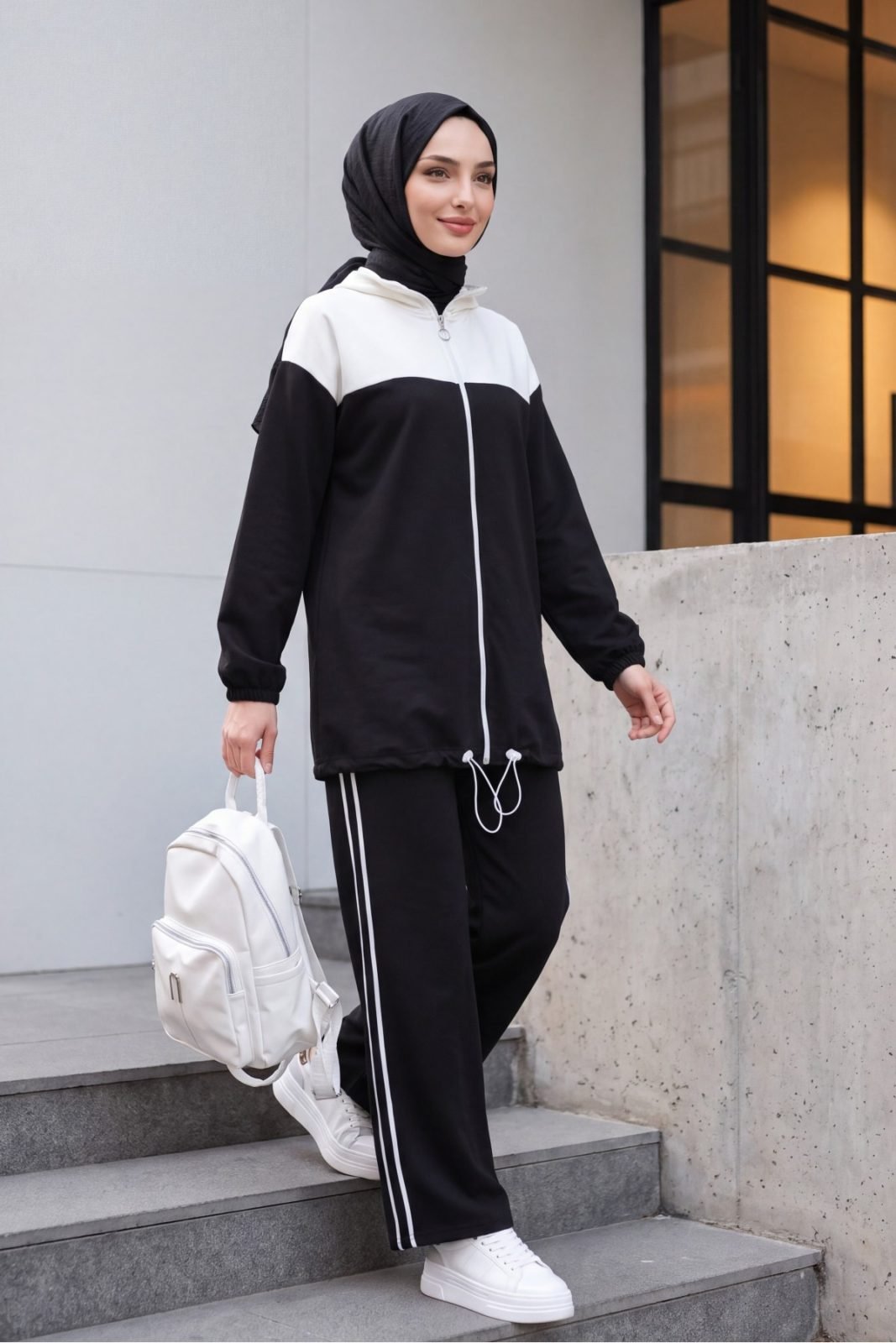 2-String Cotton Set with Front Zipper, Sleeves and Elasticated Hem